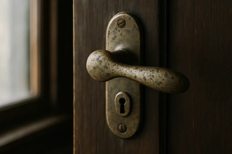 Gros plan sur une poignée de porte en laiton oxydée, lumière naturelle.