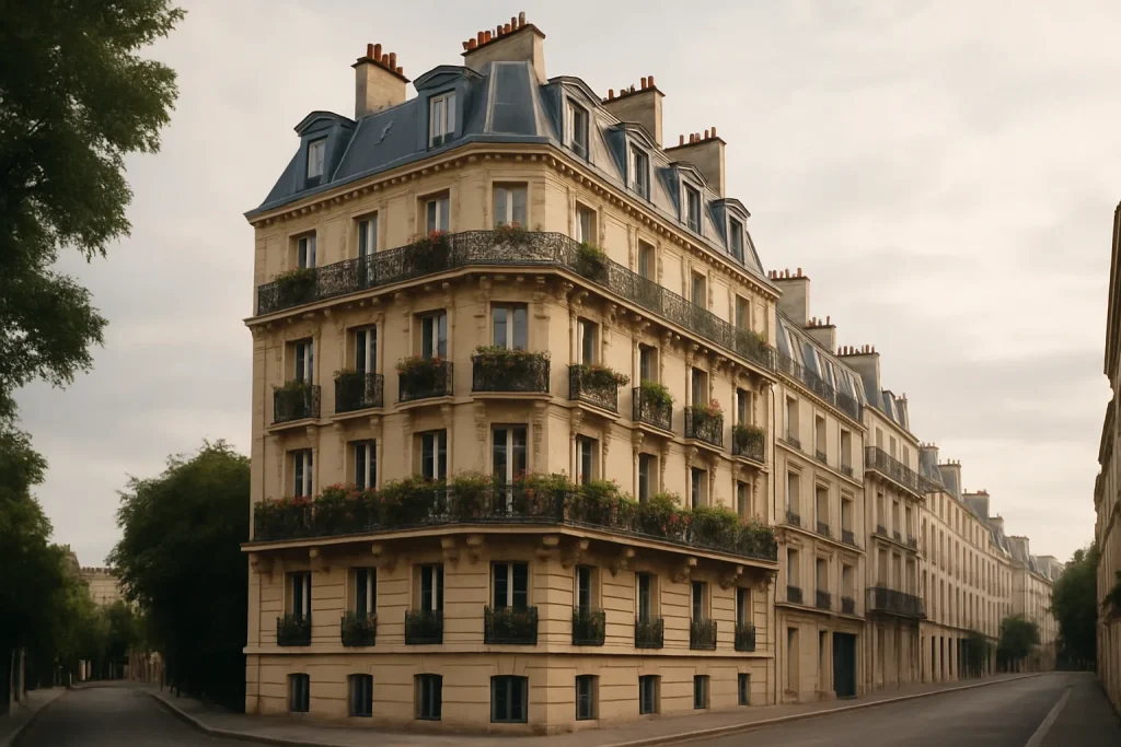 Vue d'un immeuble haussmannien à Paris, balcons fleuris sous un ciel nuageux.