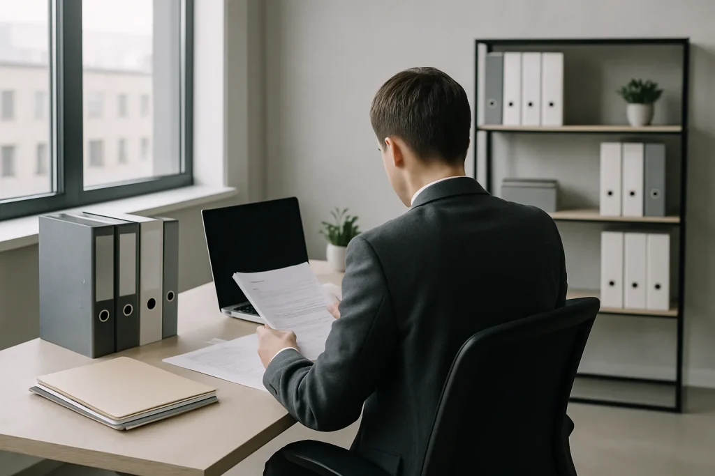 Bureau d'assurance moderne avec dossiers, ordinateur et personne consultant des documents