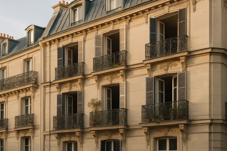 Façade d'un immeuble haussmannien à Paris avec fenêtres ouvertes