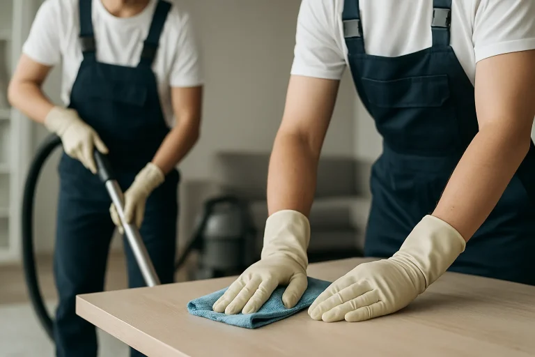 Techniciens nettoyant une scène de crime avec des outils, lumière neutre.