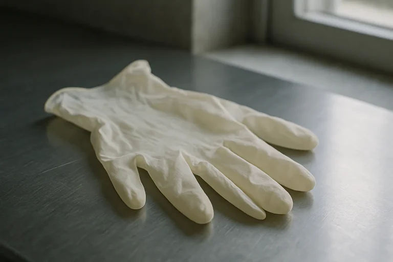 Gros plan sur des gants de protection en latex posés sur une surface métallique