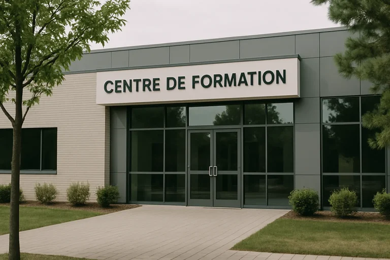 Façade d'un centre de formation moderne et accueillant avec des arbres.