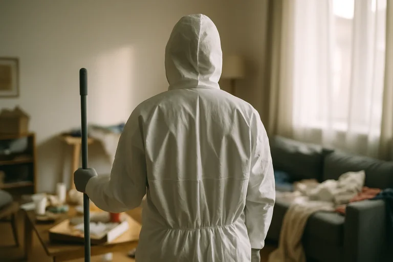 Personne en combinaison de nettoyage dans une pièce, silhouette de dos, atmosphère sensible