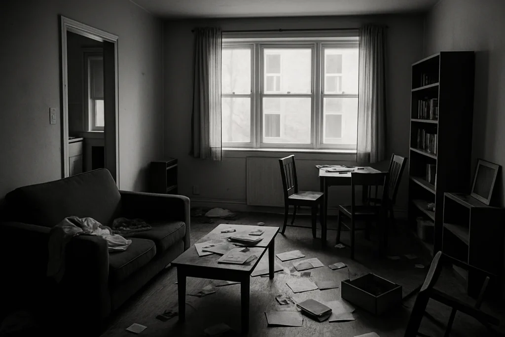 Appartement en désordre avec meubles éparpillés, lumière douce