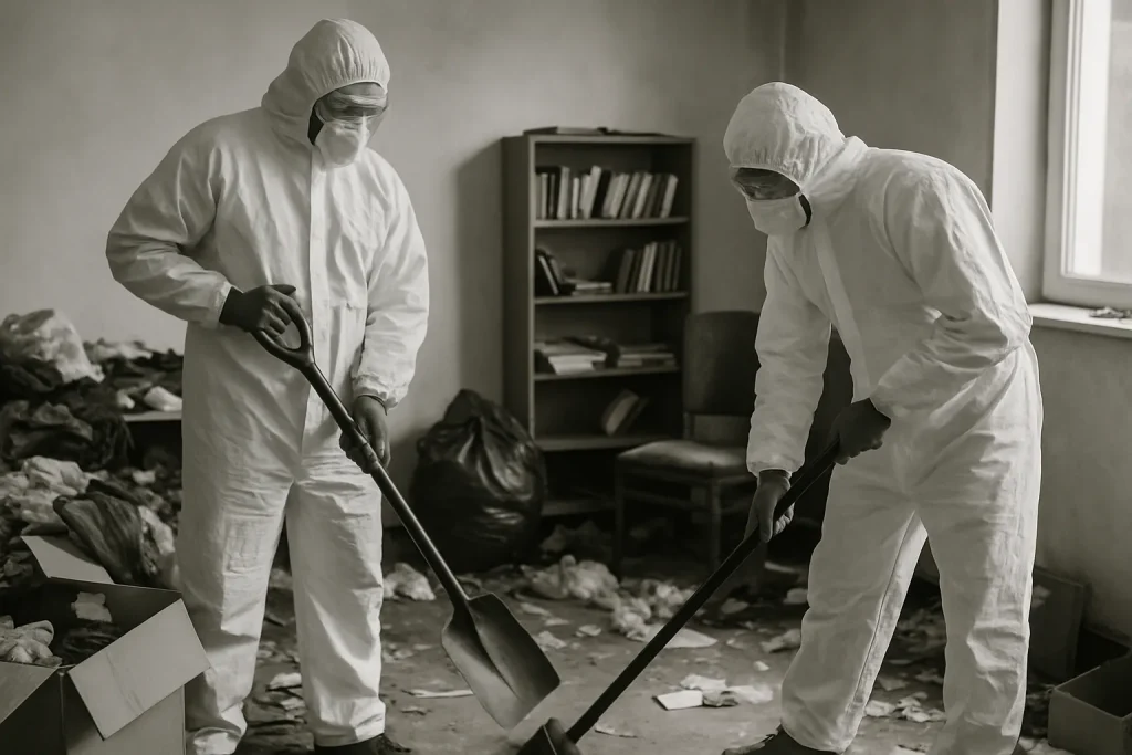 Deux intervenants en combinaison de protection lors d'un nettoyage post-mortem.