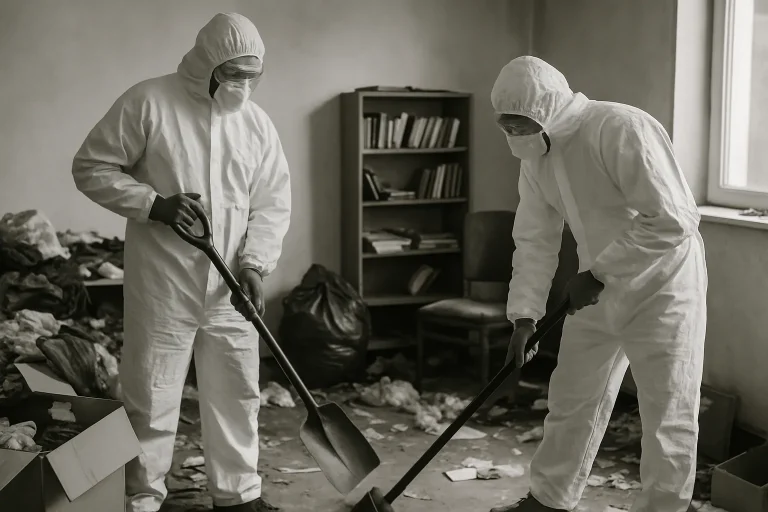 Deux intervenants en combinaison de protection lors d'un nettoyage post-mortem.