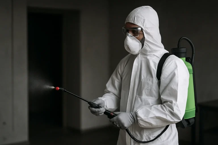 Expert en désinfection en combinaison intégrale travaillant dans une pièce sombre lors d'une enquête criminelle.
