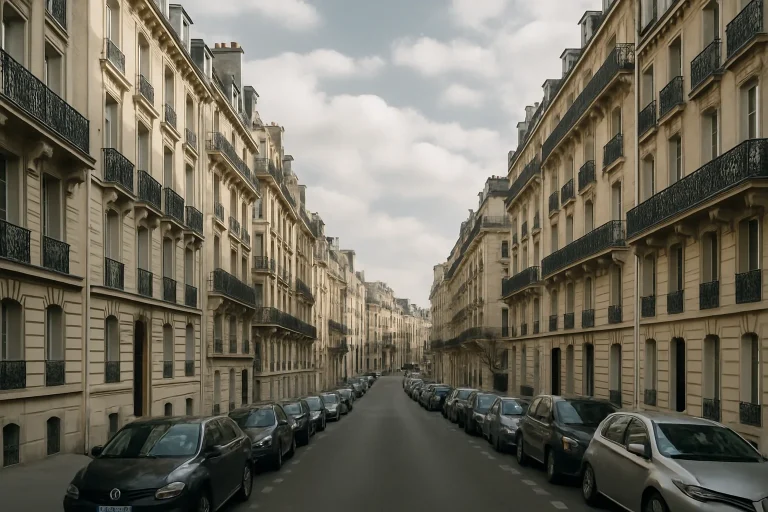 Rue parisienne avec immeubles haussmanniens sous un ciel nuageux.
