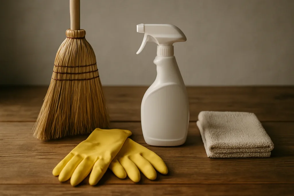 Objets de nettoyage sur une table en bois, balai, gants, produit désinfectant.